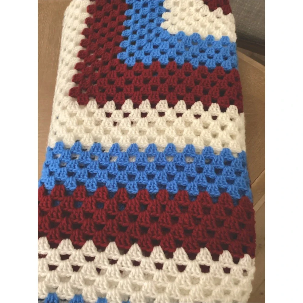 Handmade Afghan Crocheted Red White and Blue Patriotic Throw 56